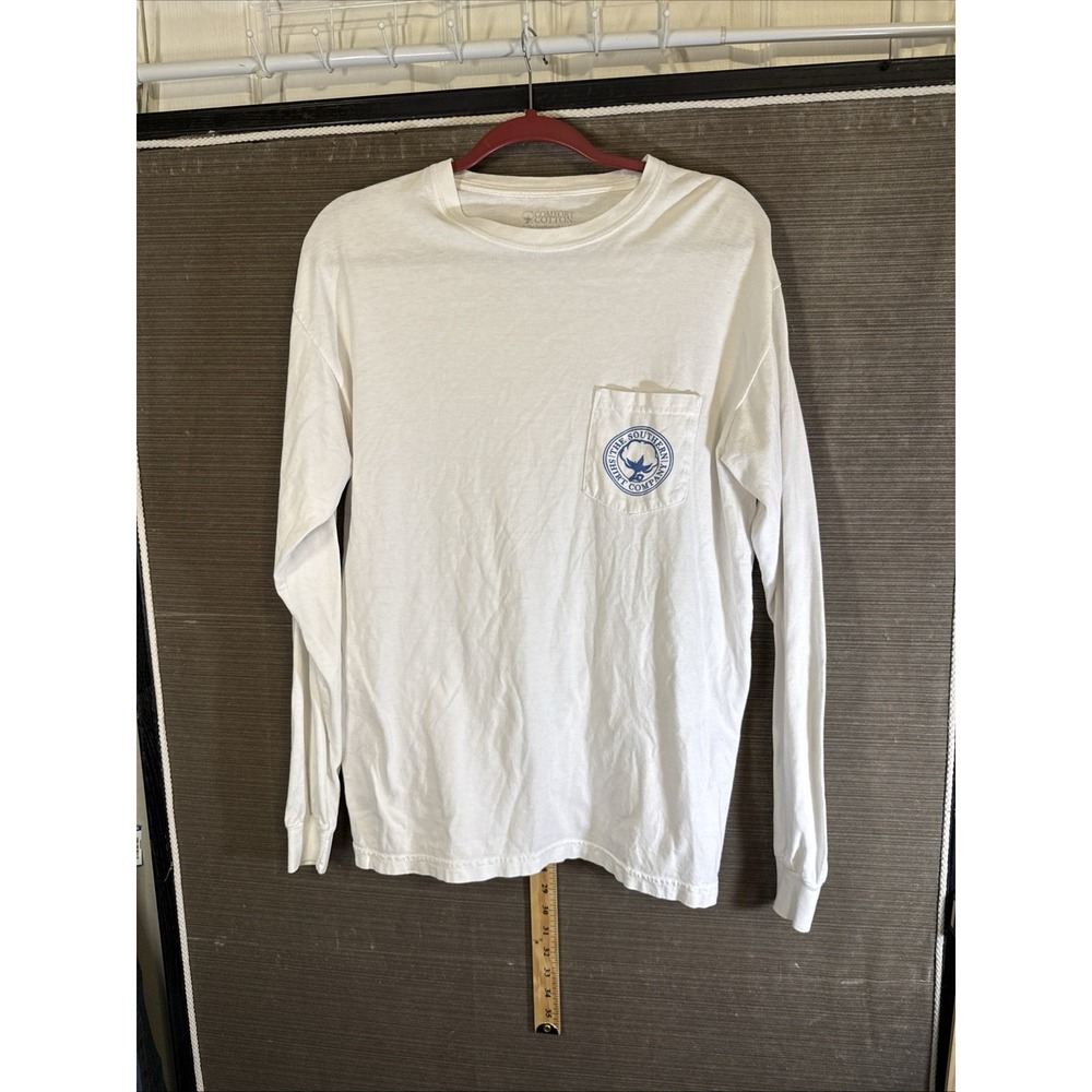 The Southern Shirt Co. Large White Long Sleeve Tee Nautical Logo on back Blue